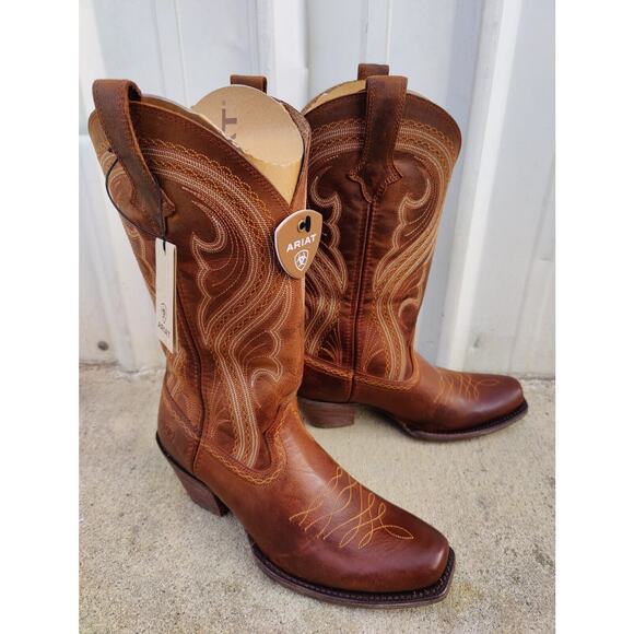 Ariat Lively Womens Sz 8 B Sassy Brown Leather Cowboy Square Toe 12" Boots - Picture 1 of 8
